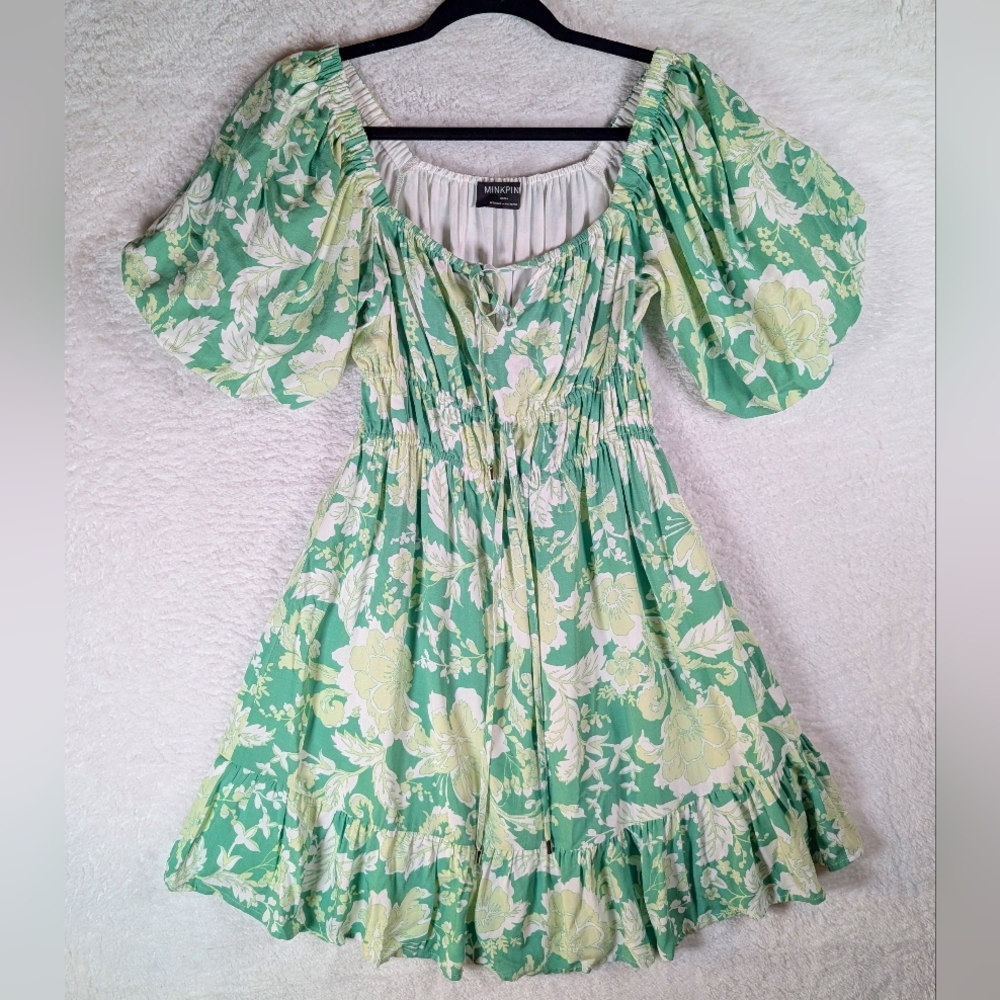 Anthropologie Green and Cream Floral Puff-Sleeve Mini Dress